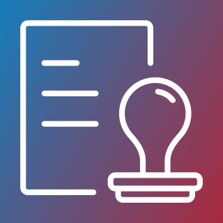 Vektorová ikona stránky s razítkem v bílé barvě, na pozadí s modročerveným přechodem.