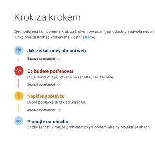 Screenshot ze stránky kde je uvedená komponenta Krok za krokem s několik kroky v různých barvách a s různými ikonkami.